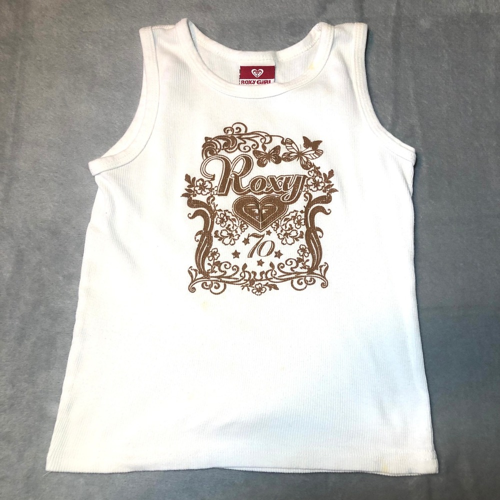 Roxy Girl White Ribbed Tank Top Girls Size Small Brown Glitter Logo y2K USA Made